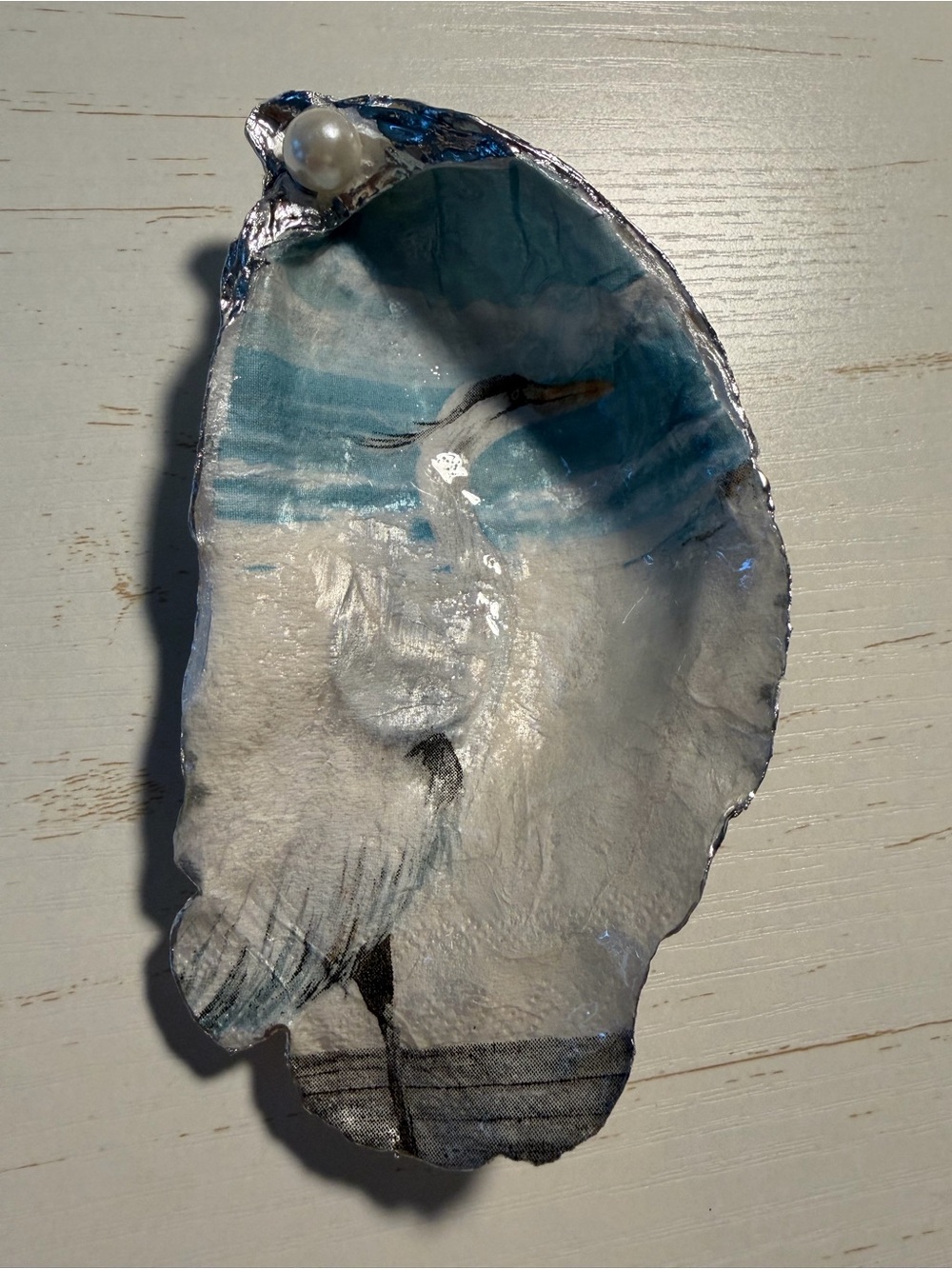 Beautiful handmade heron decoupage oyster trinket dish